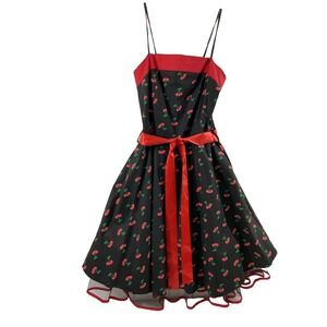 Jung Kim Sundress Womens Medium Cherry Print Red Black Tulle‎ Whimsygoth Fairy